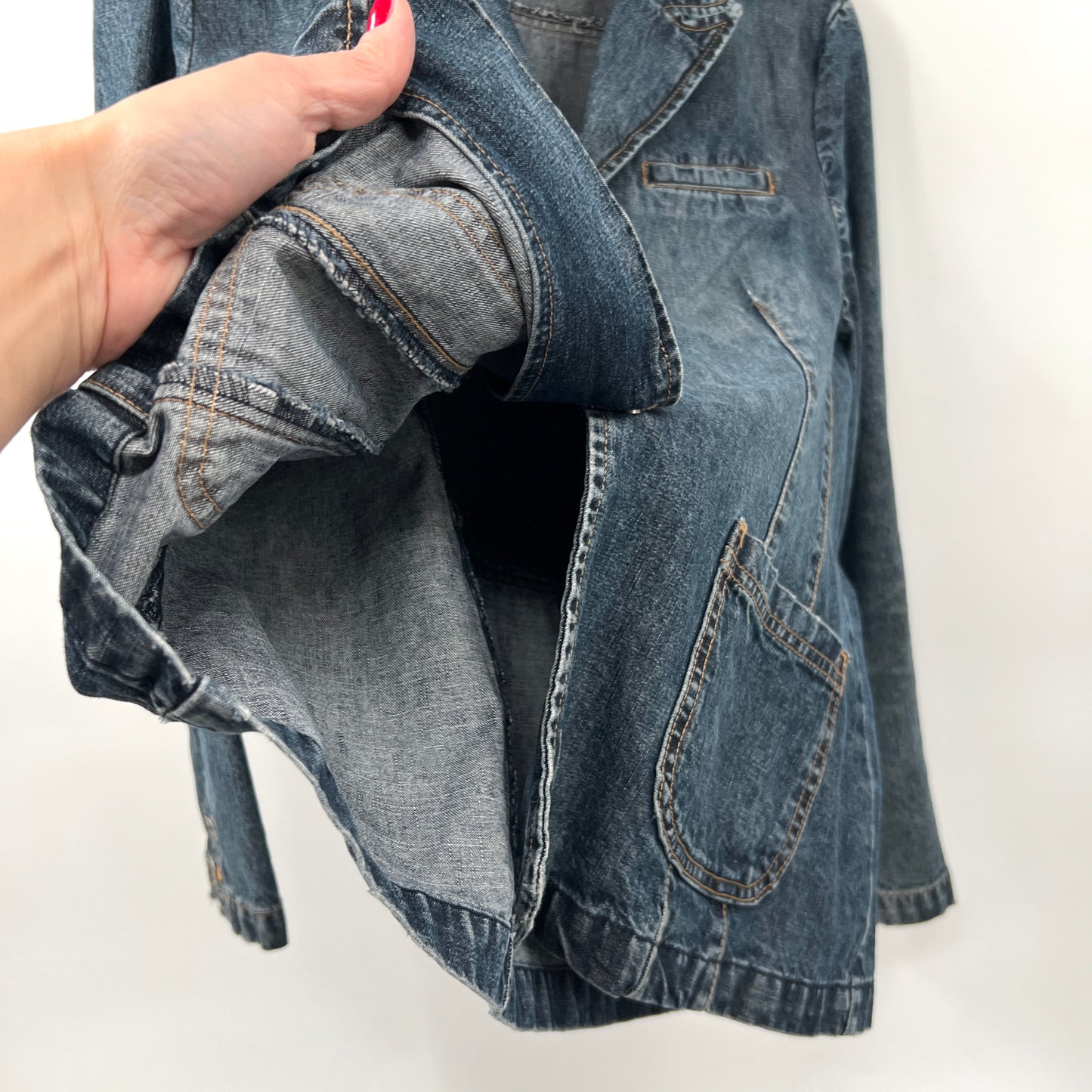 Vintage Contrast Denim Distressed Blazer Jacket