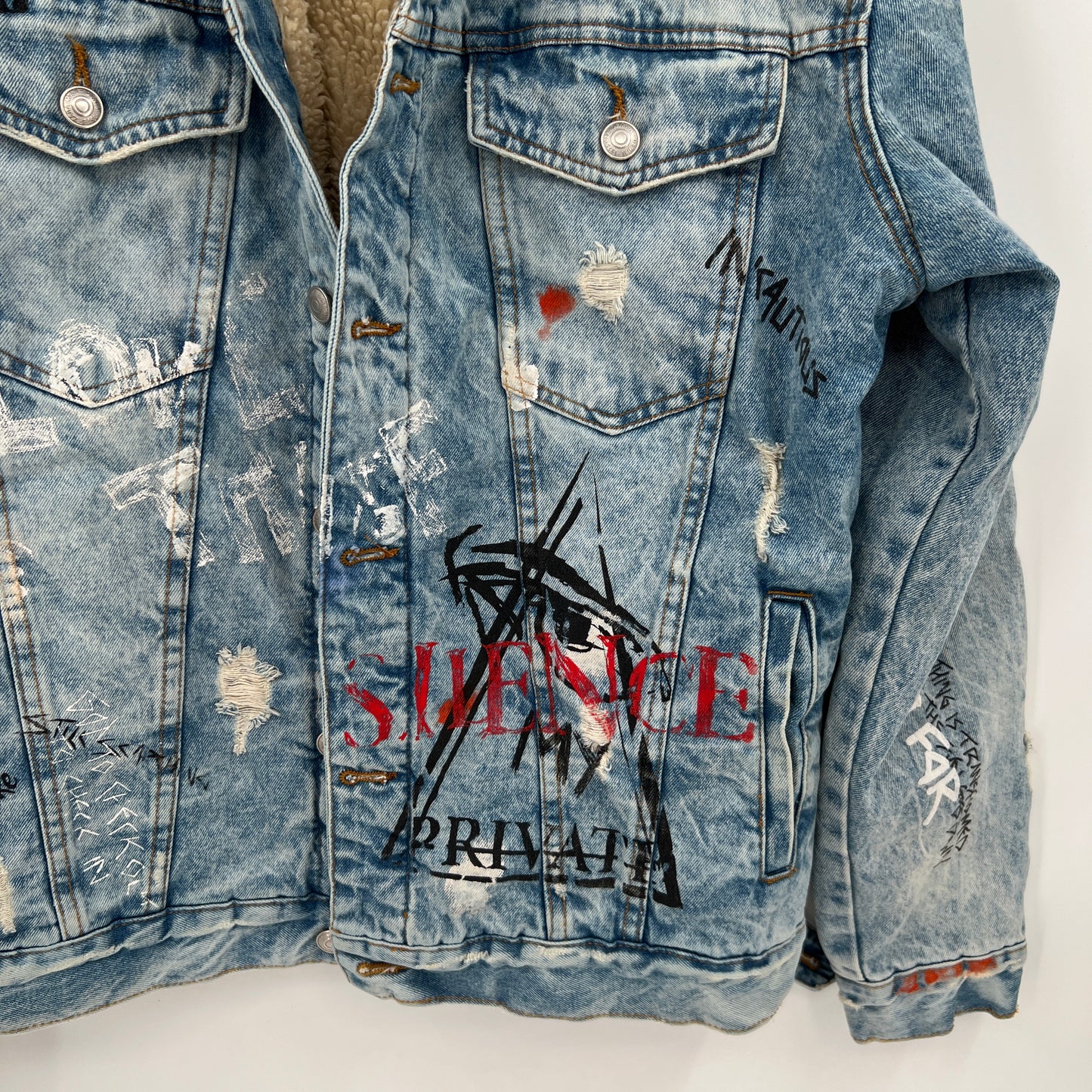 SOLD - Zara Sherpa Graffiti Denim Jacket L