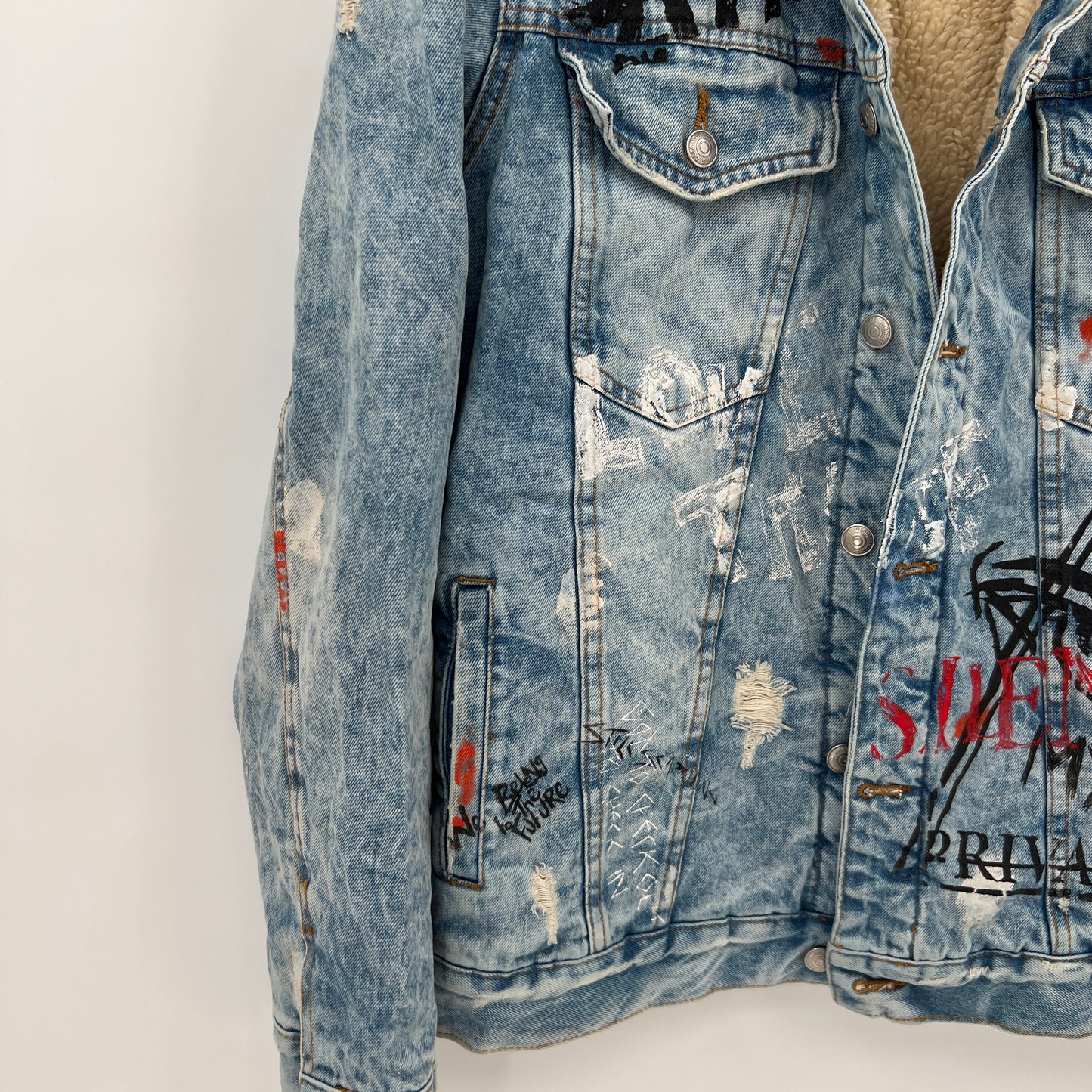 SOLD - Zara Sherpa Graffiti Denim Jacket L