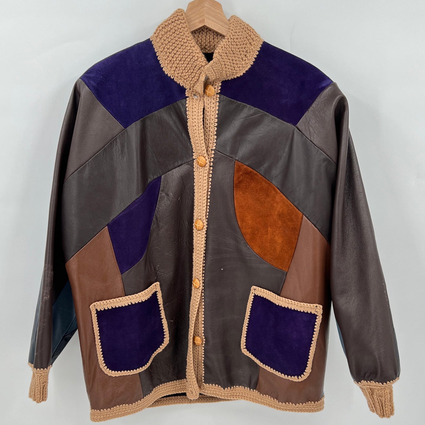 Vintage Patchwork Knitted Details Leather Jacket M/L