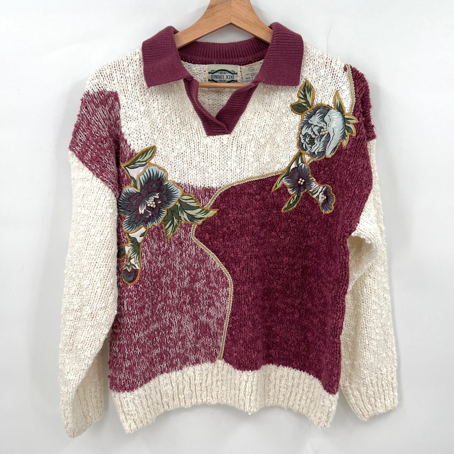 Vintage Separate Scene Popcorn knit Floral Patch Sweater S/M