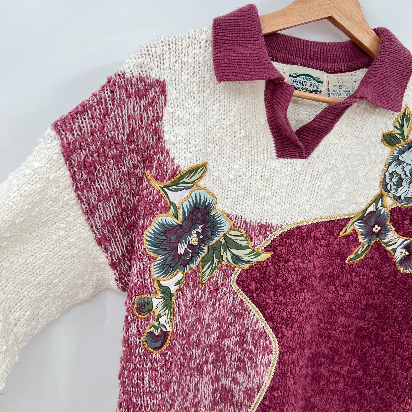 Vintage Separate Scene Popcorn knit Floral Patch Sweater S/M