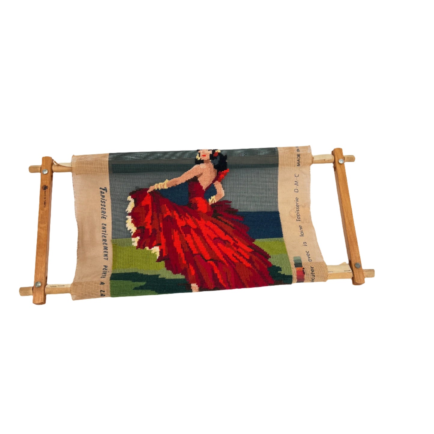 Vintage Unfinished Needlepoint Flamenco Dancer with Frame