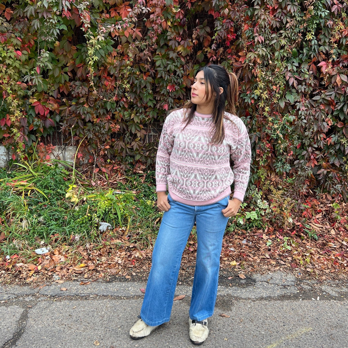Vintage Fox Acrylic Geometric Print Sweater M