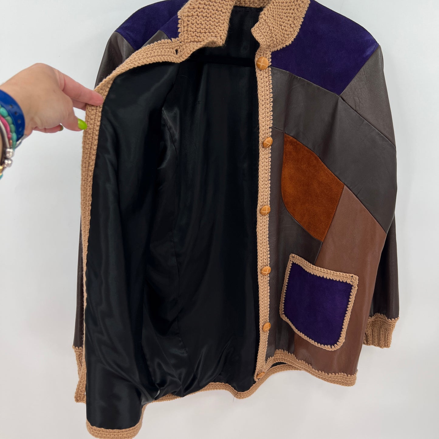 Vintage Patchwork Knitted Details Leather Jacket M/L