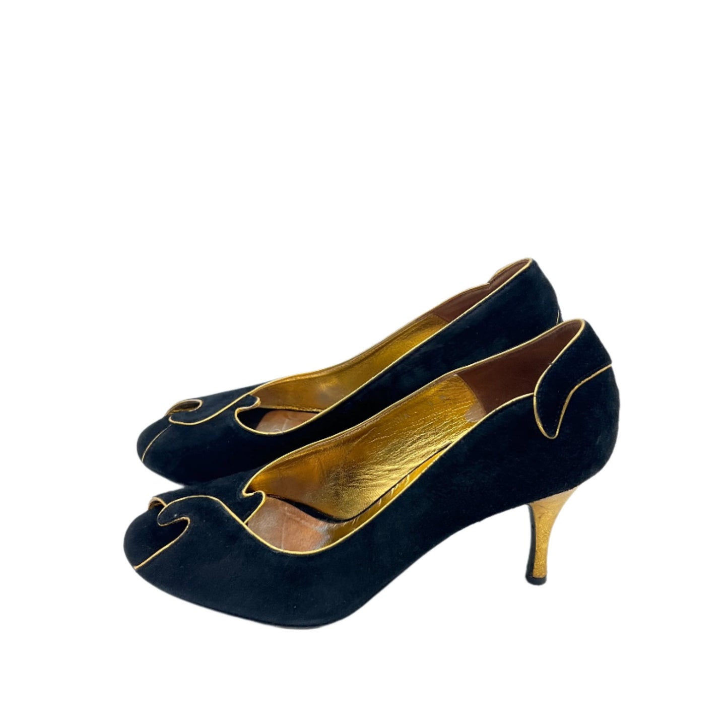 Donald J Pliner Black & Gold Suede Peep Toe Shoes