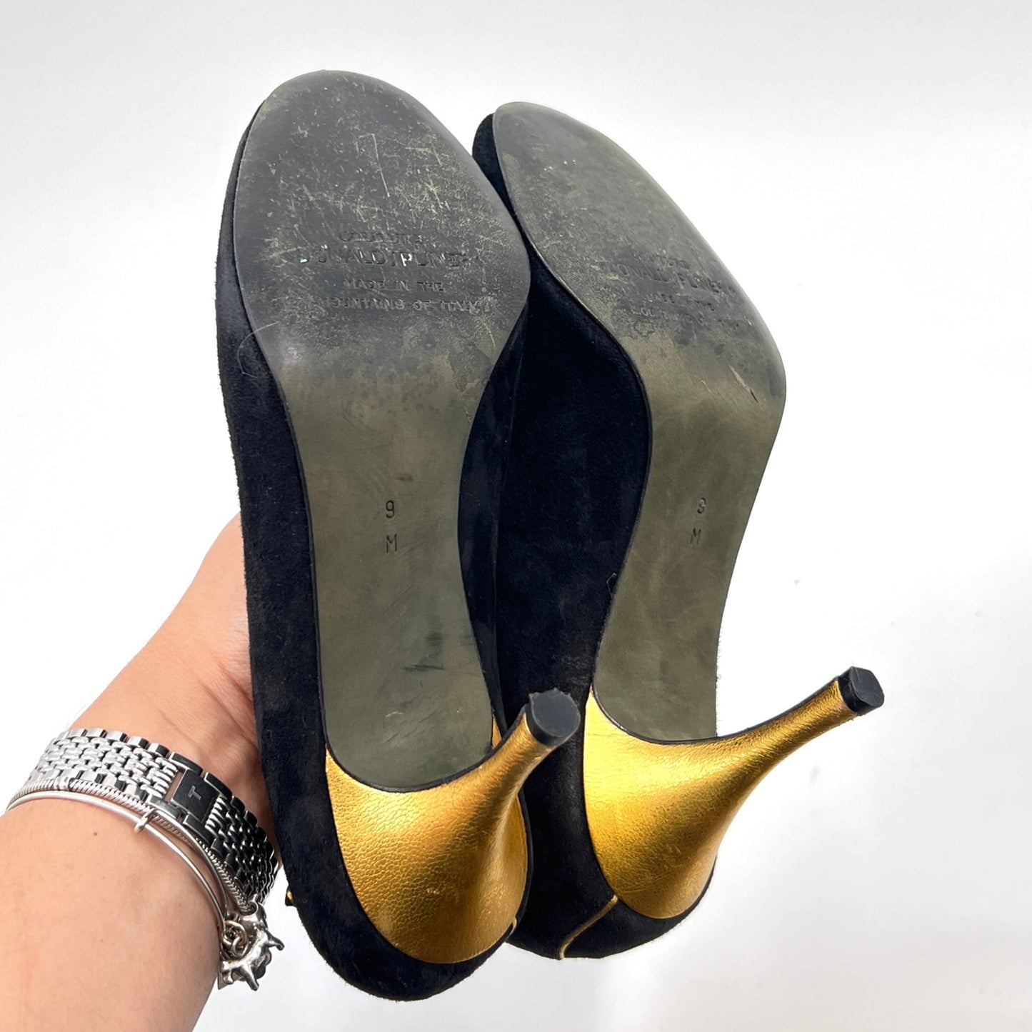 Donald J Pliner Black & Gold Suede Peep Toe Shoes