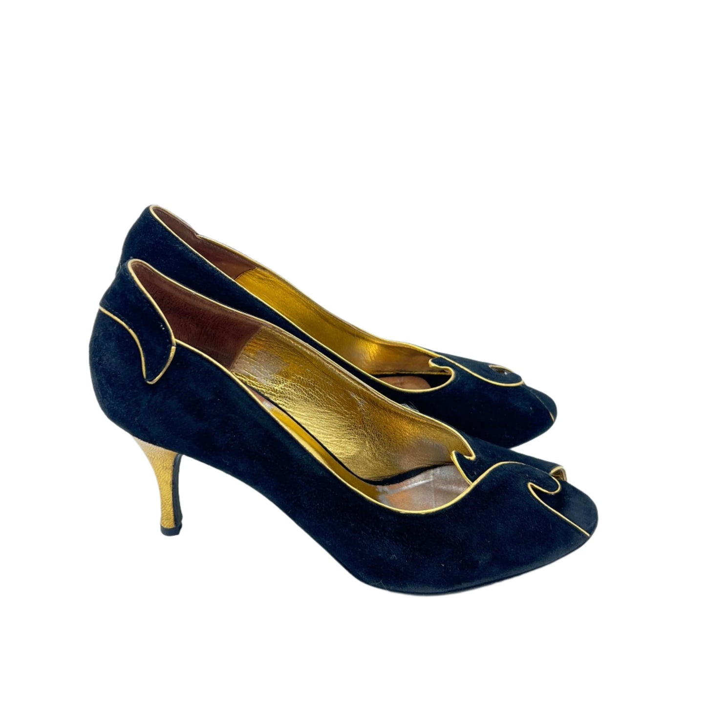 Donald J Pliner Black & Gold Suede Peep Toe Shoes