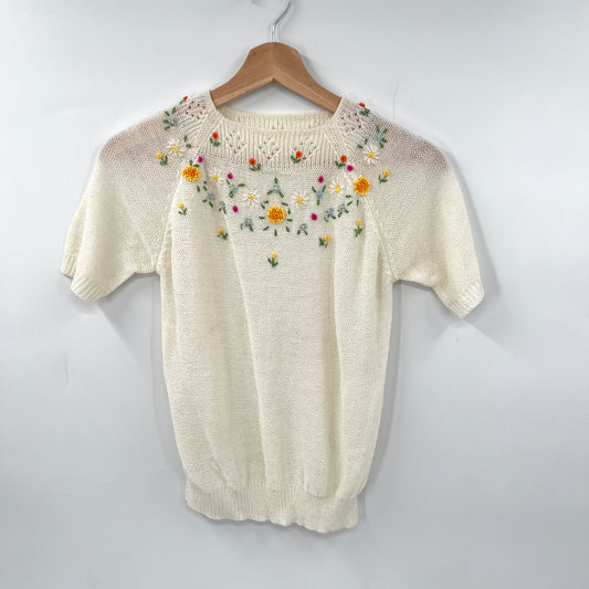 Vintage Sheer Knit Floral Embroidered Top