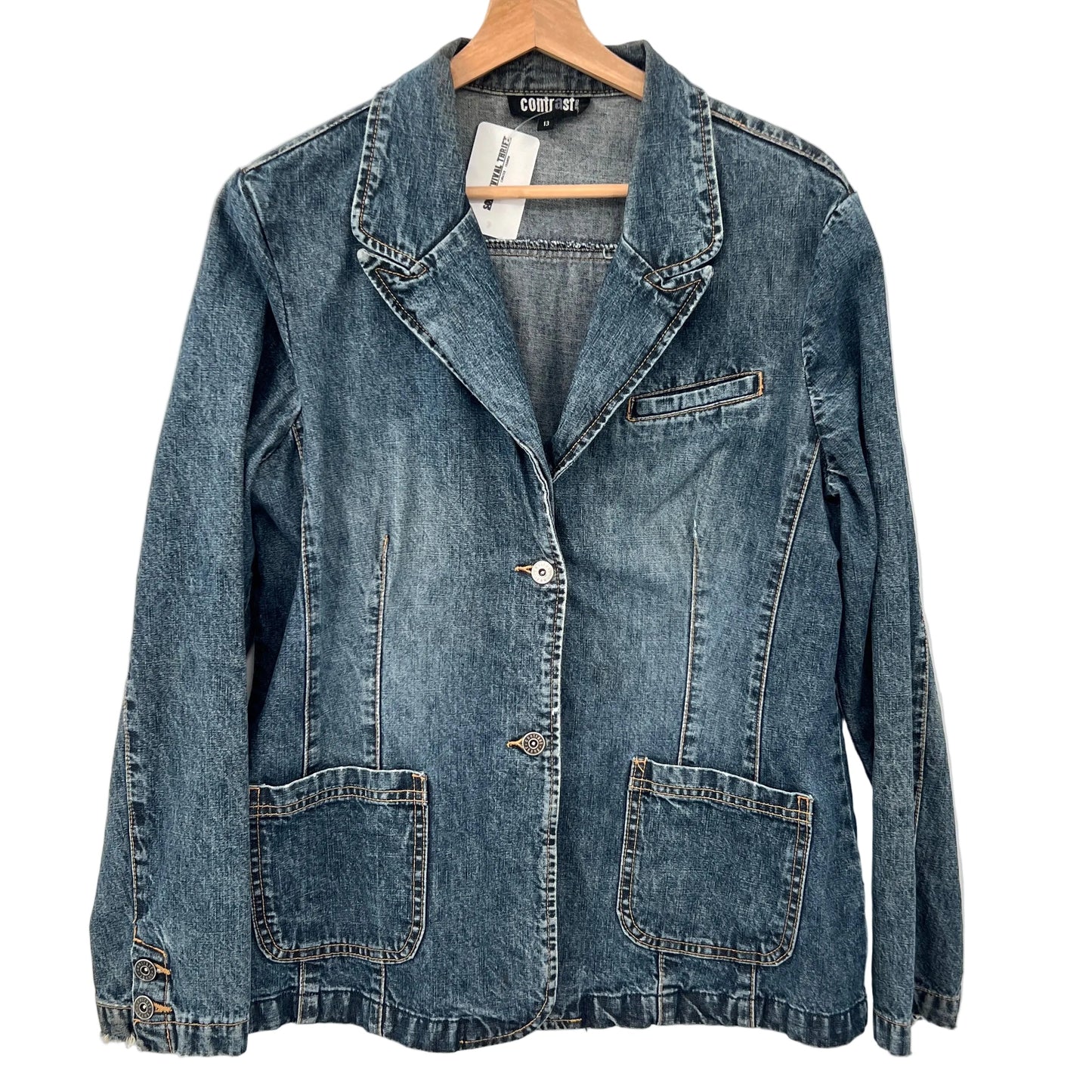 Vintage Contrast Denim Distressed Blazer Jacket