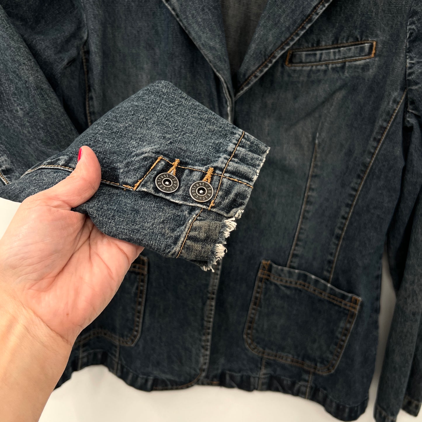 Vintage Contrast Denim Distressed Blazer Jacket