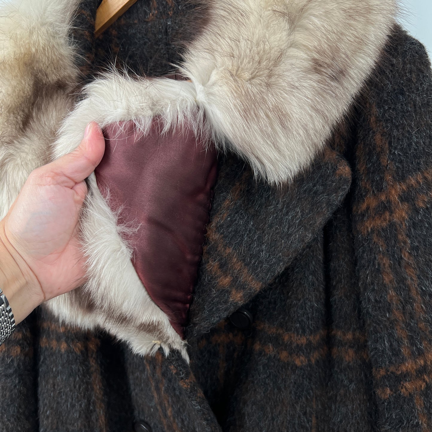 Vintage Plaid Wool Fur Coat