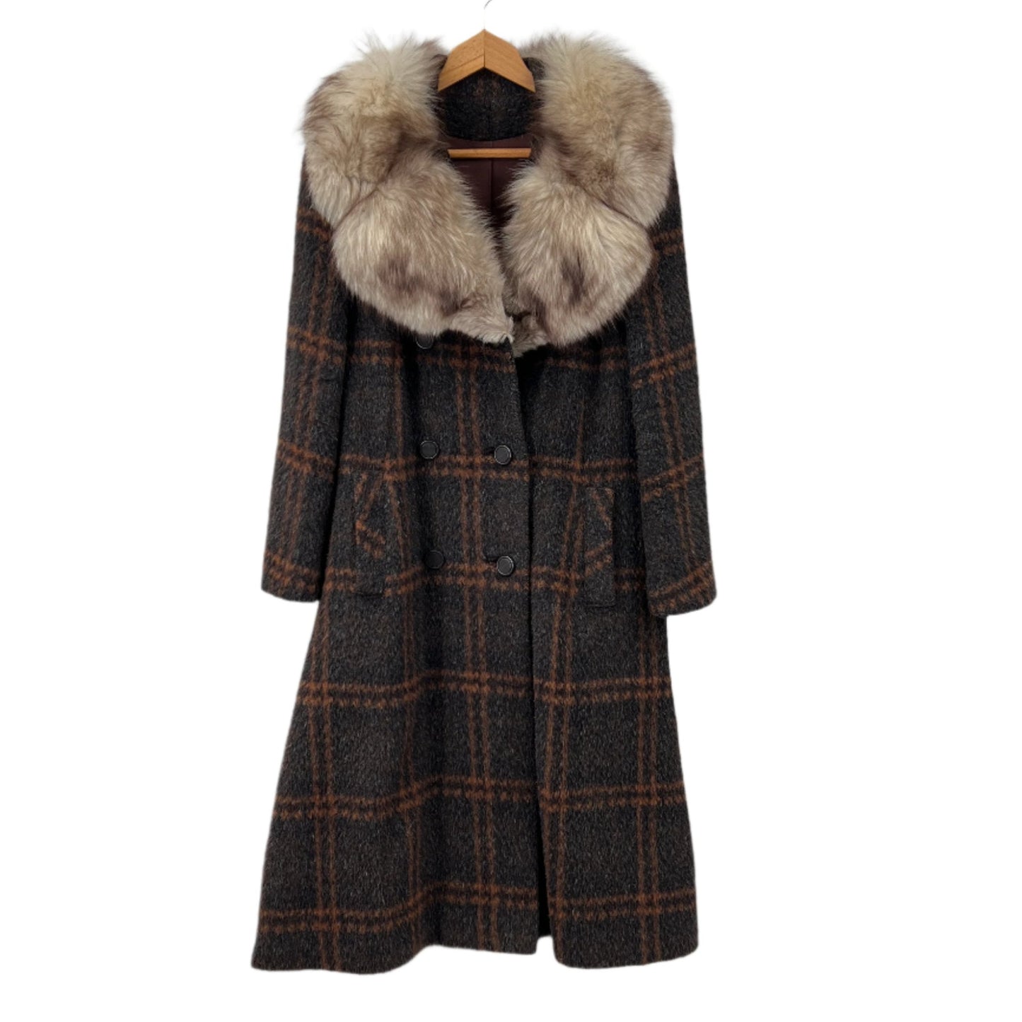 Vintage Plaid Wool Fur Coat