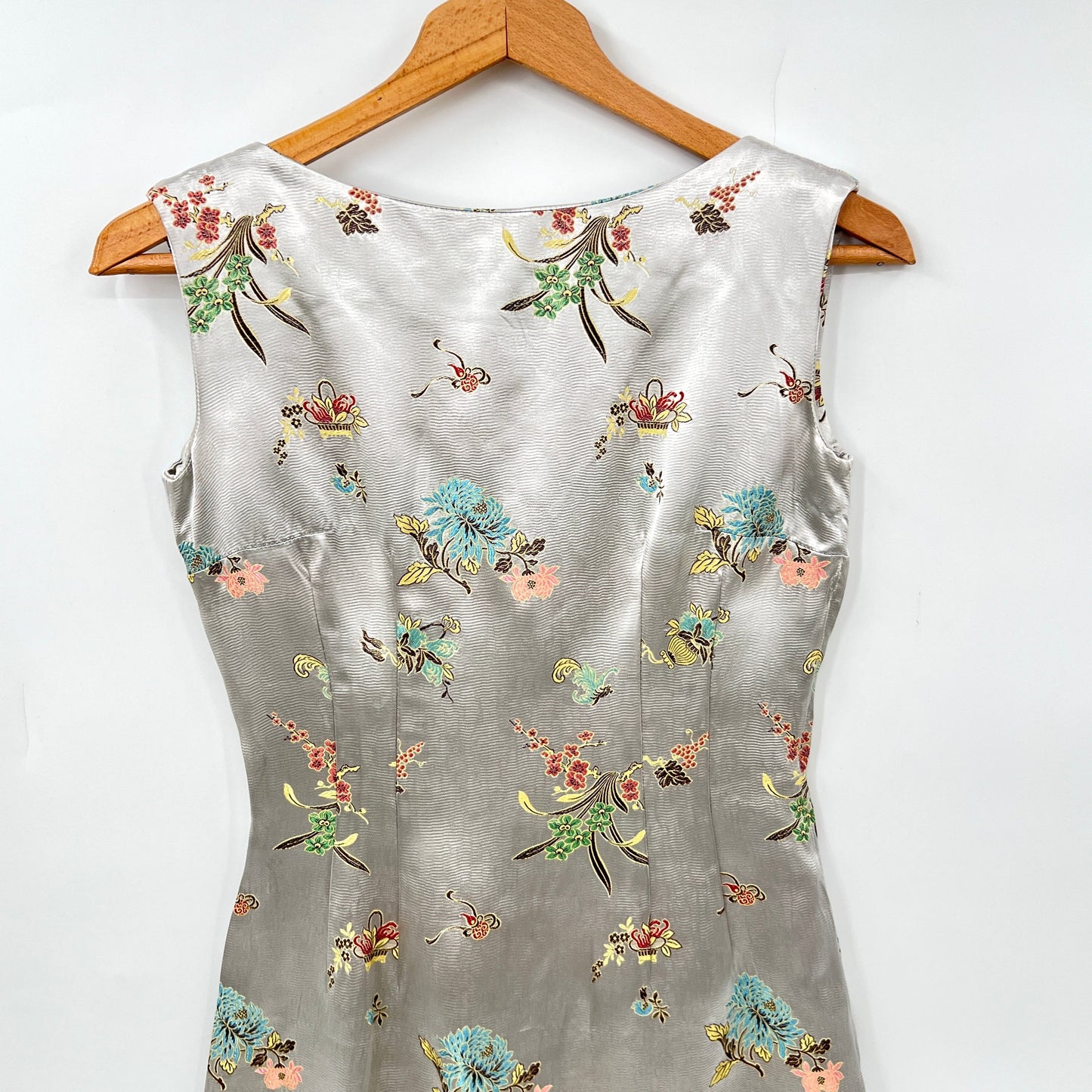 Vintage Floral Printed Cheongsam Back Plead Dress