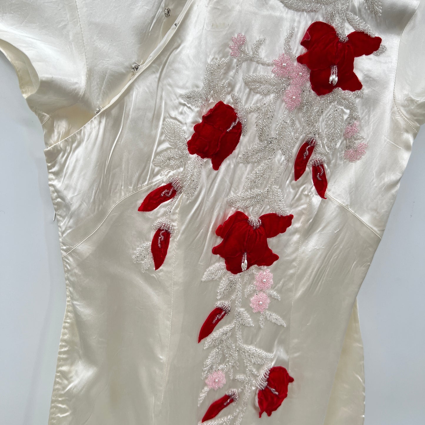Vintage Silk Cheongsam Beaded & Puff Velvet Design Dress