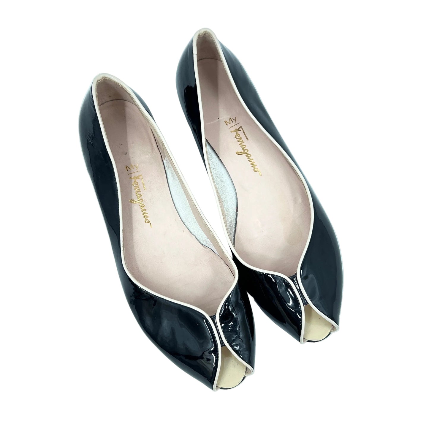 Salvatore Ferragamo Patent Leather Peep Toe Flat Shoes