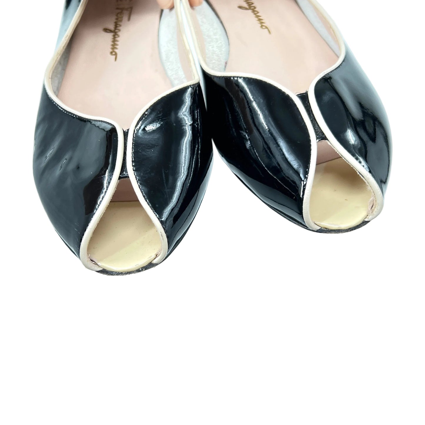 Salvatore Ferragamo Patent Leather Peep Toe Flat Shoes