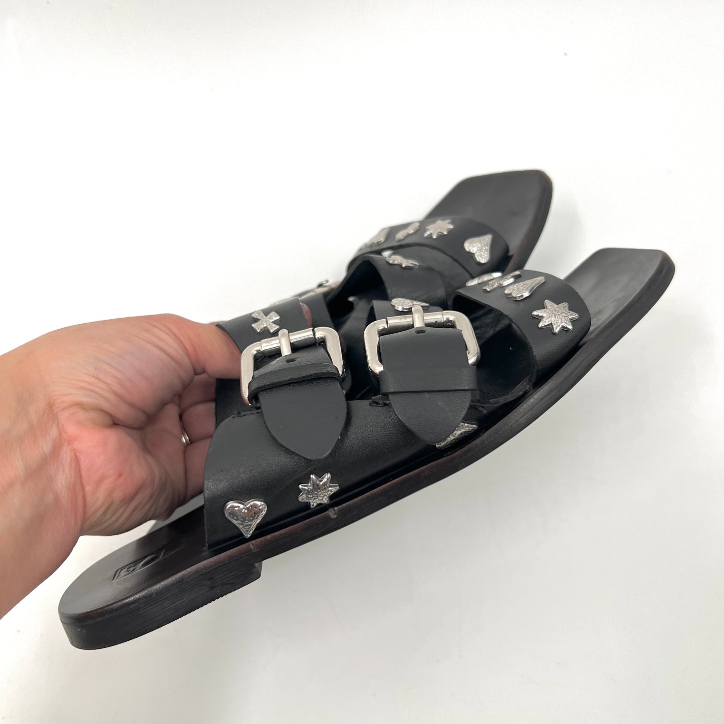 Sol Sana Leather Easwood Metal Studs Flat Sandals