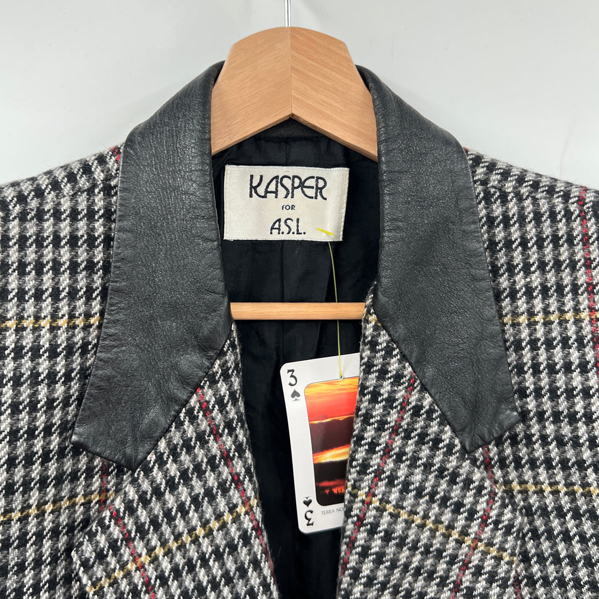 Vintage Kasper Leather Collar Wool Blend Blazer