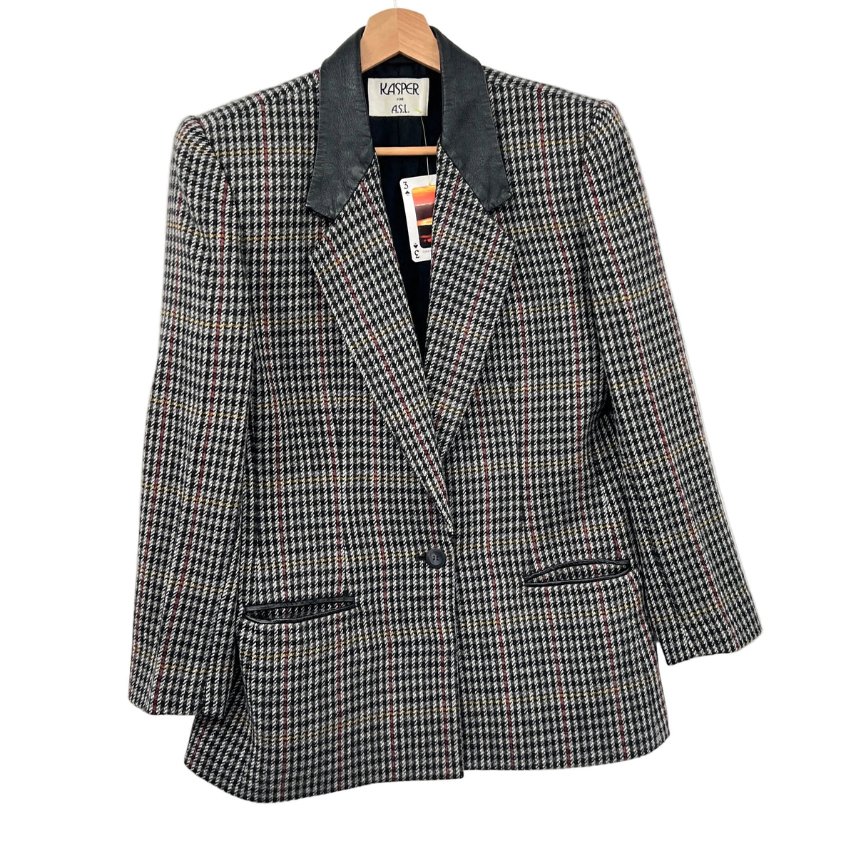Vintage Kasper Leather Collar Wool Blend Blazer