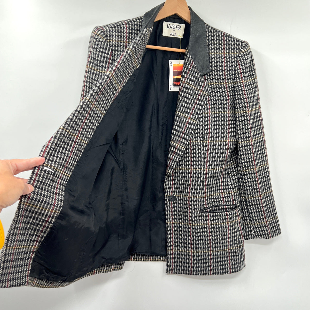 Vintage Kasper Leather Collar Wool Blend Blazer
