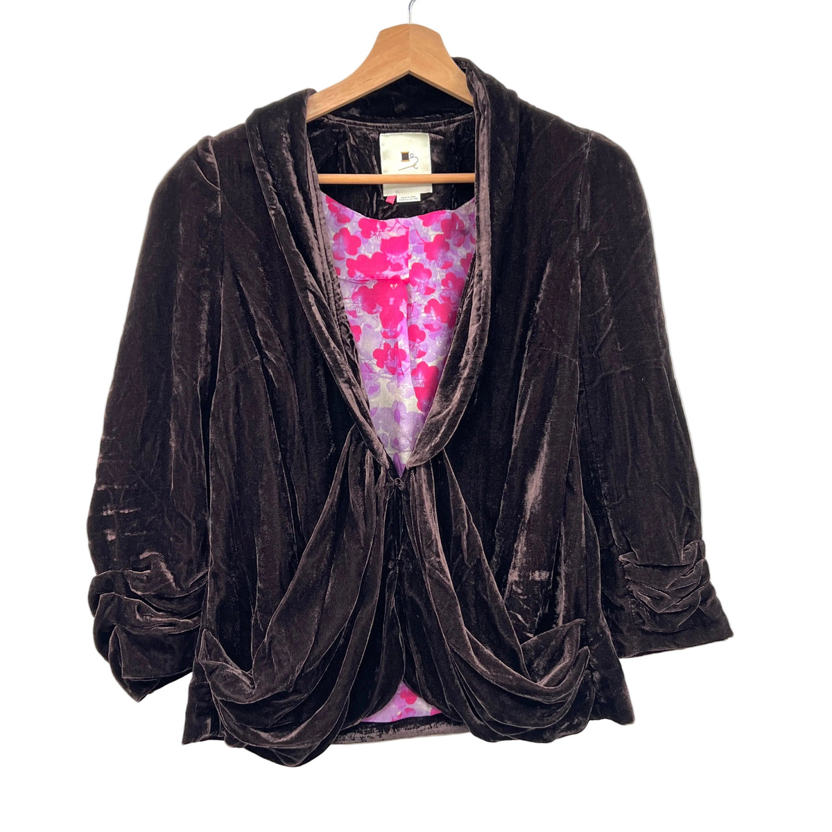 Elevenses Velour 3/4 Sleeves Drape Front Cropped Blazer