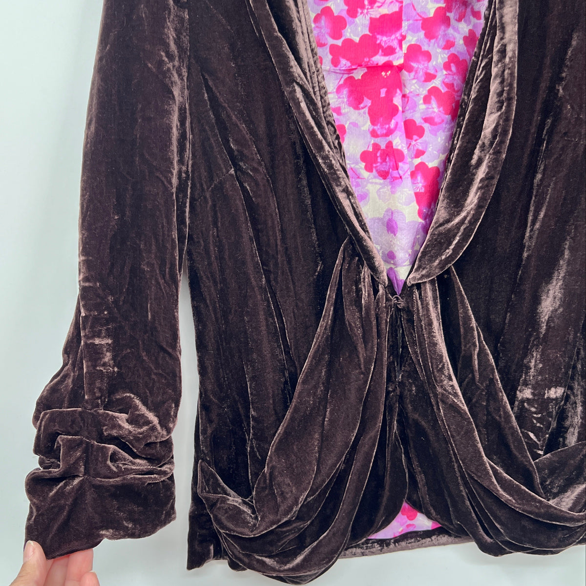 Elevenses Velour 3/4 Sleeves Drape Front Cropped Blazer