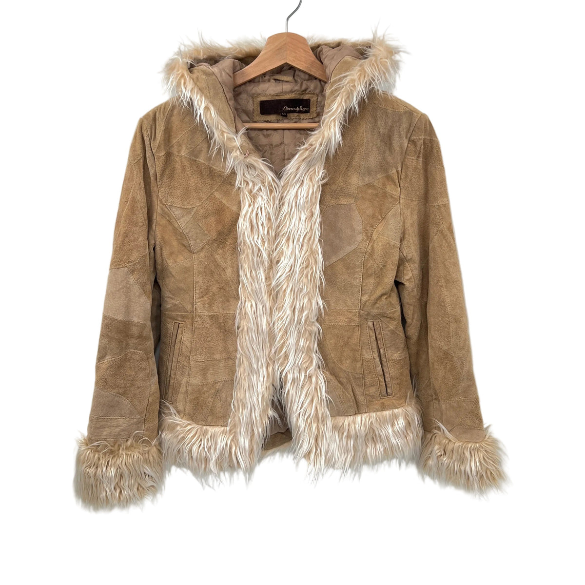 Y2K Penny Lane Style Suede Leather Patches and Faux Fur Trims Jacket
