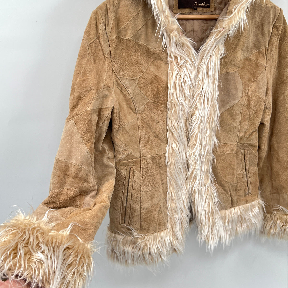 Y2K Penny Lane Style Suede Leather Patches and Faux Fur Trims Jacket
