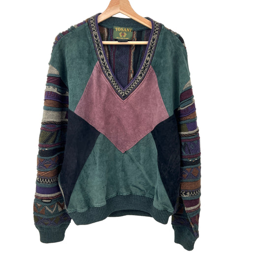 Vintage Tosani 3D Knit and Suede Leather Patchwork Sweater