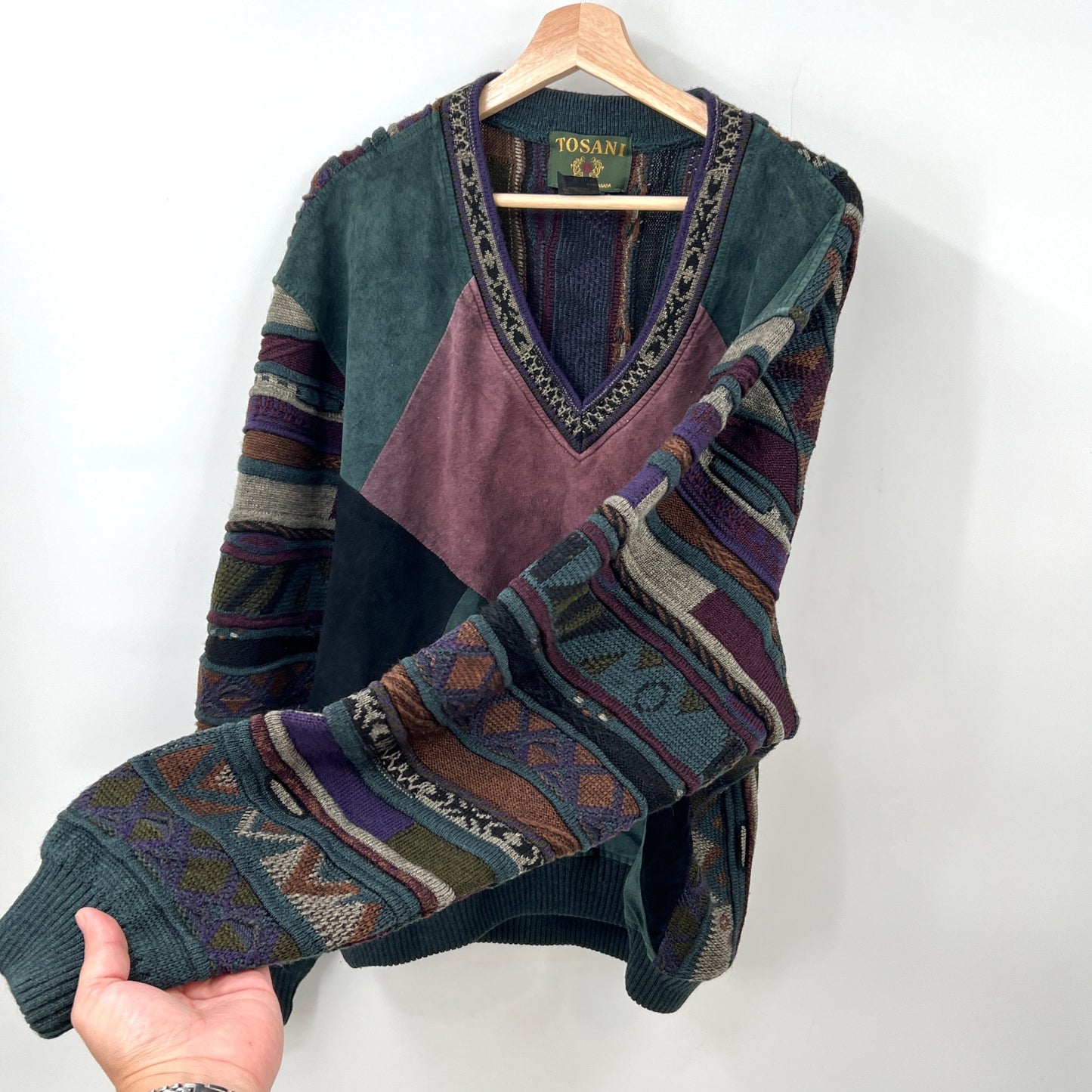 Vintage Tosani 3D Knit and Suede Leather Patchwork Sweater