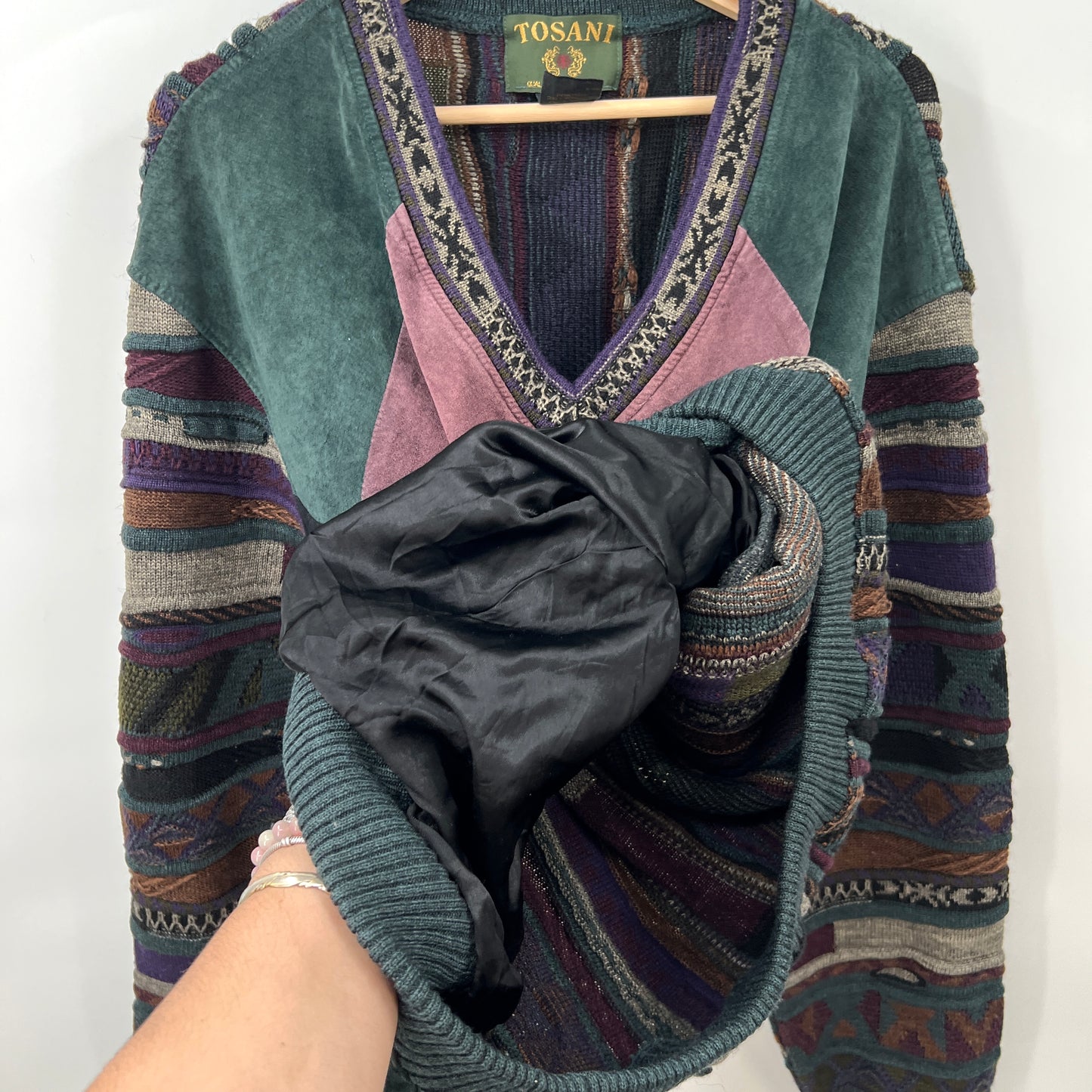 Vintage Tosani 3D Knit and Suede Leather Patchwork Sweater