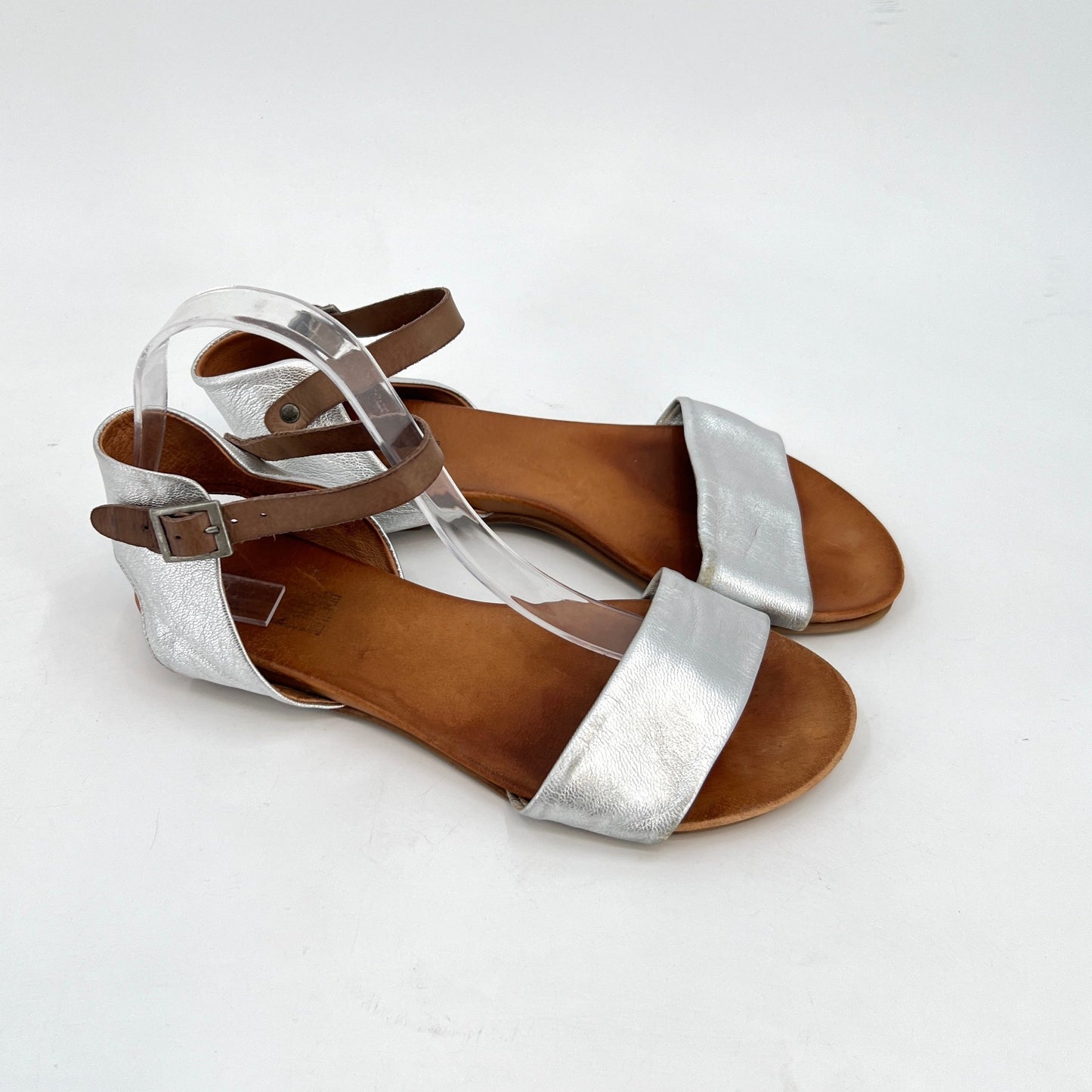 Miz Mooz Silver Leather Flat Ankle Straps Sandals