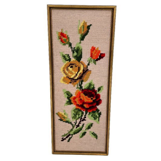 Vintage Framed Needlepoint Floral Wall Decor