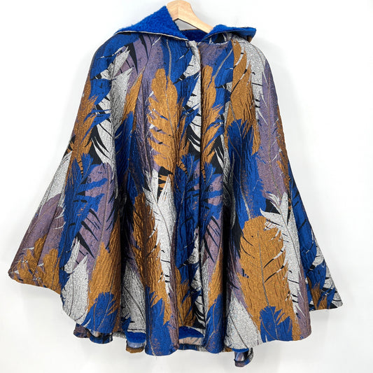 SOLD. Vintage Leaves Print Metallic Tones Hooded Cape O/S