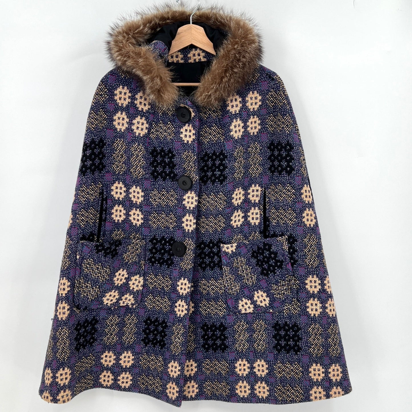 Vintage Wool Fur Trim Hooded Cape XS/S