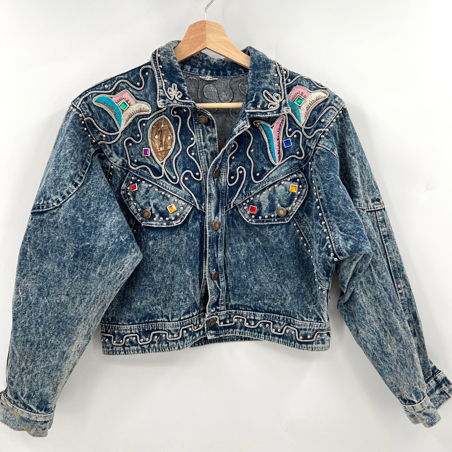 SOLD. 1980 Acid Wash Bedazzle Embroidered Cropped Denim Jacket S