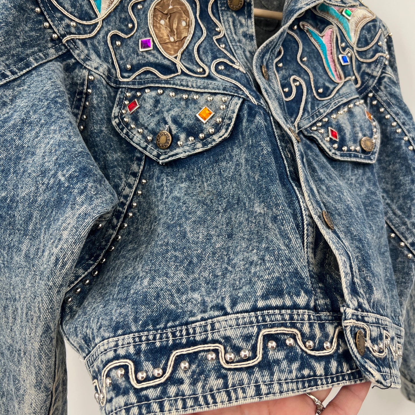 SOLD. 1980 Acid Wash Bedazzle Embroidered Cropped Denim Jacket S