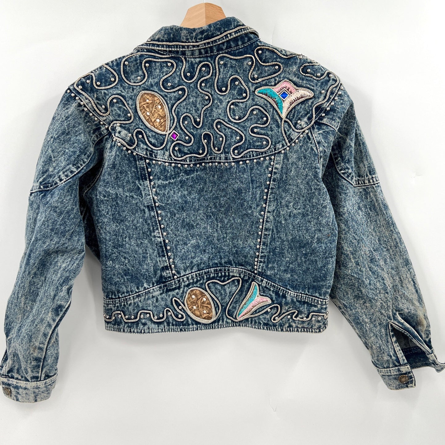 SOLD. 1980 Acid Wash Bedazzle Embroidered Cropped Denim Jacket S