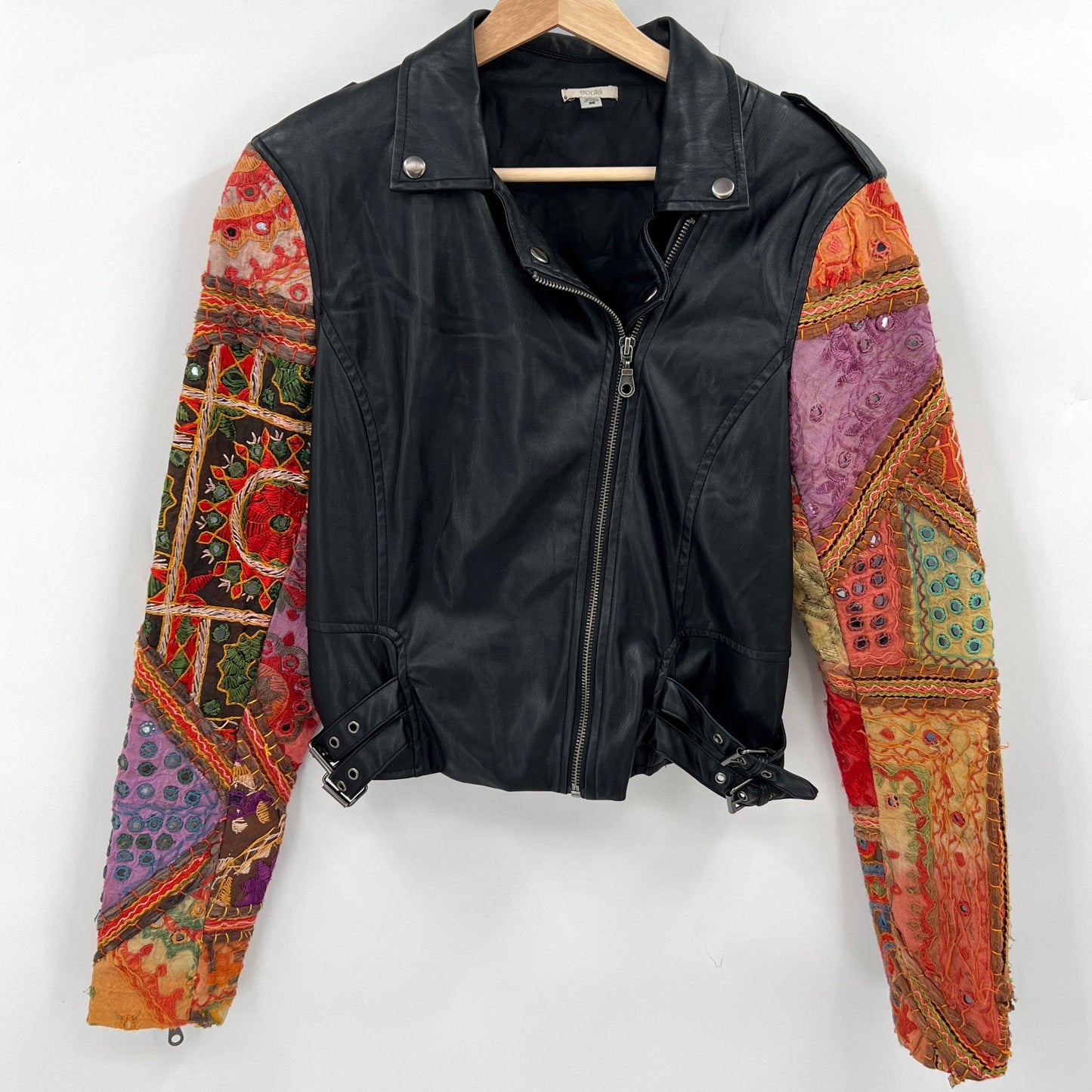 Ecote Faux Leather Boho Tapestry Sleeves Moto Jacket M