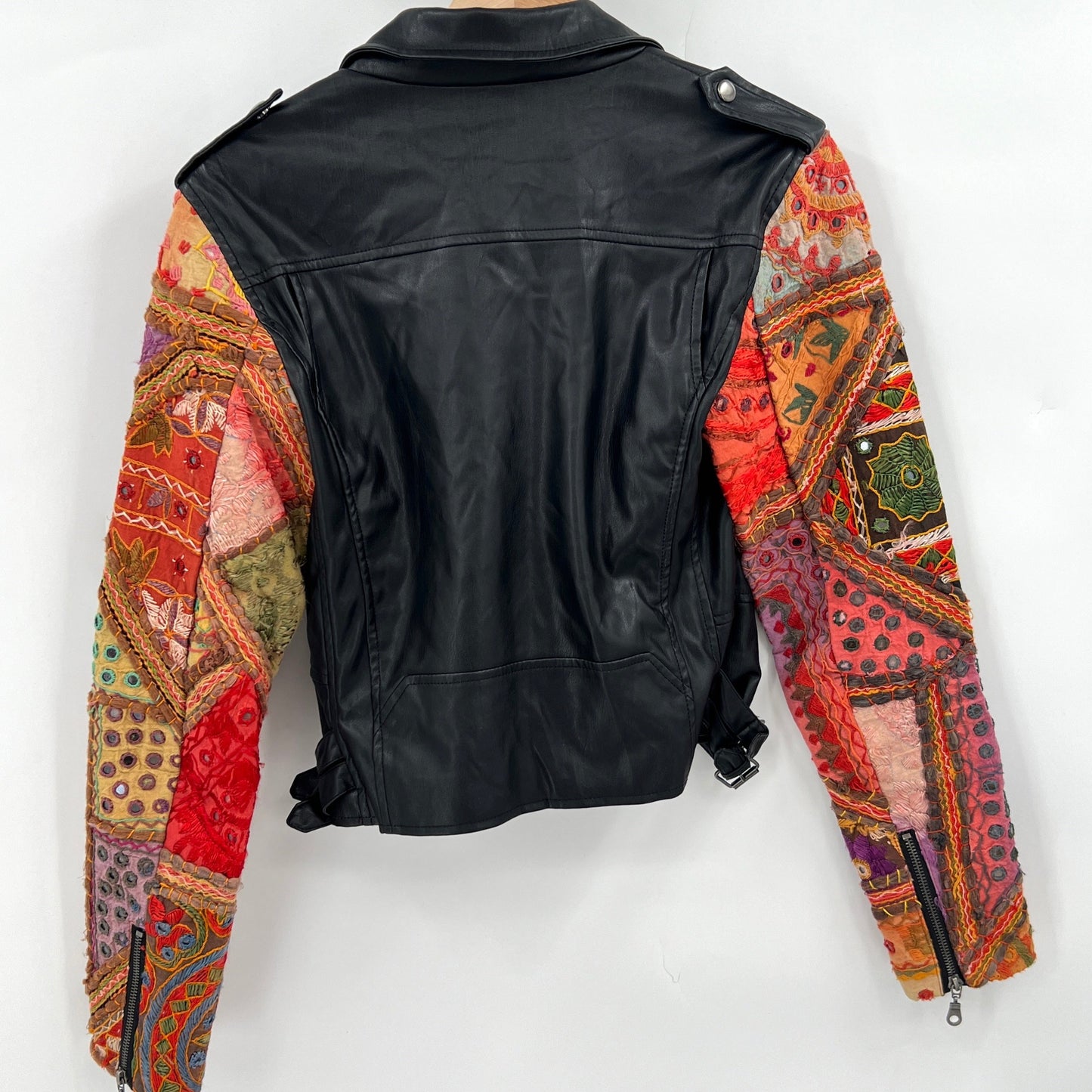 Ecote Faux Leather Boho Tapestry Sleeves Moto Jacket M