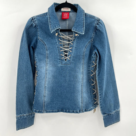 SOLD. Y2K Denim Leather Lace Details Top M/L