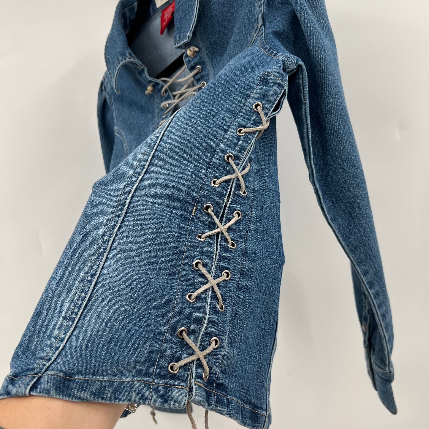 SOLD. Y2K Denim Leather Lace Details Top M/L