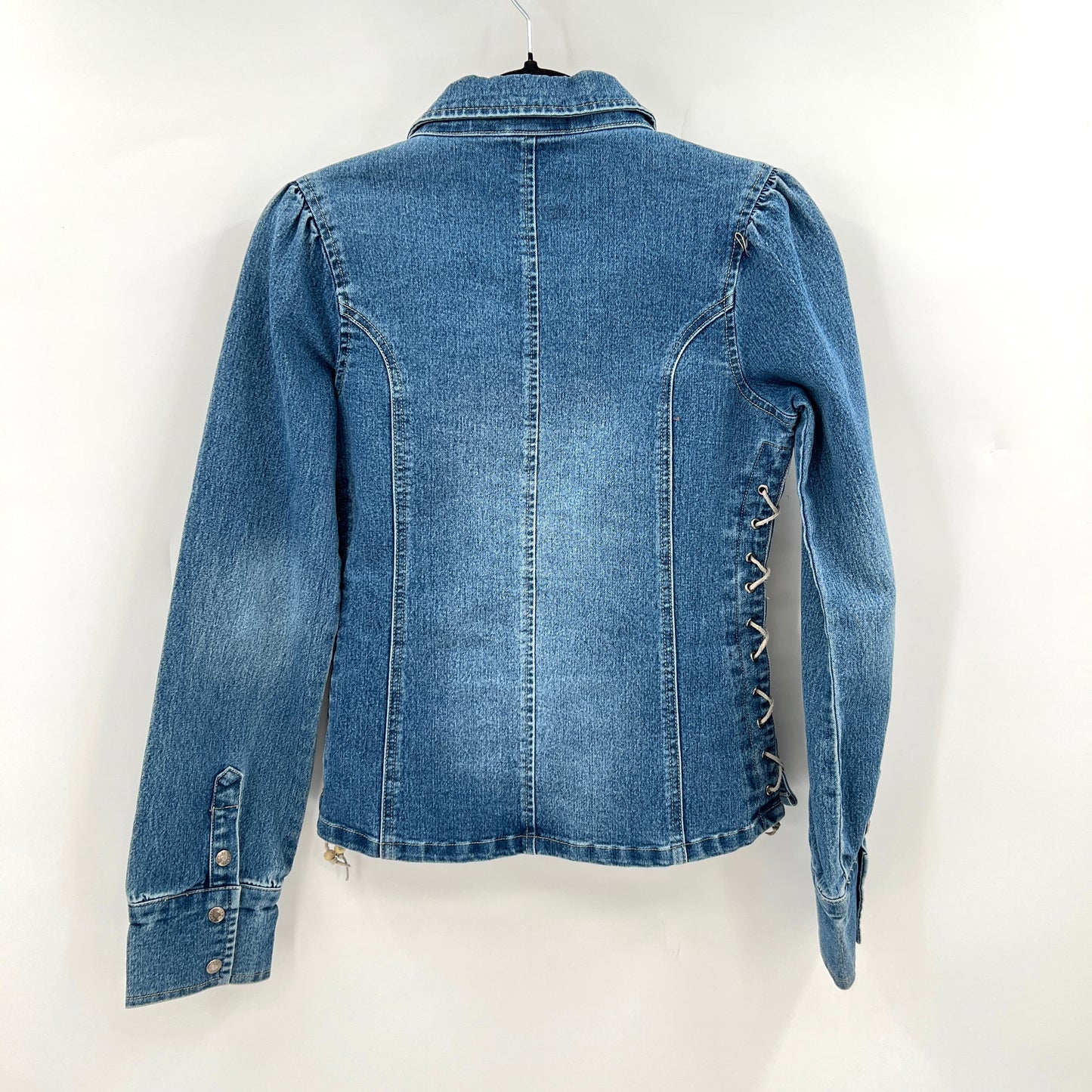 SOLD. Y2K Denim Leather Lace Details Top M/L