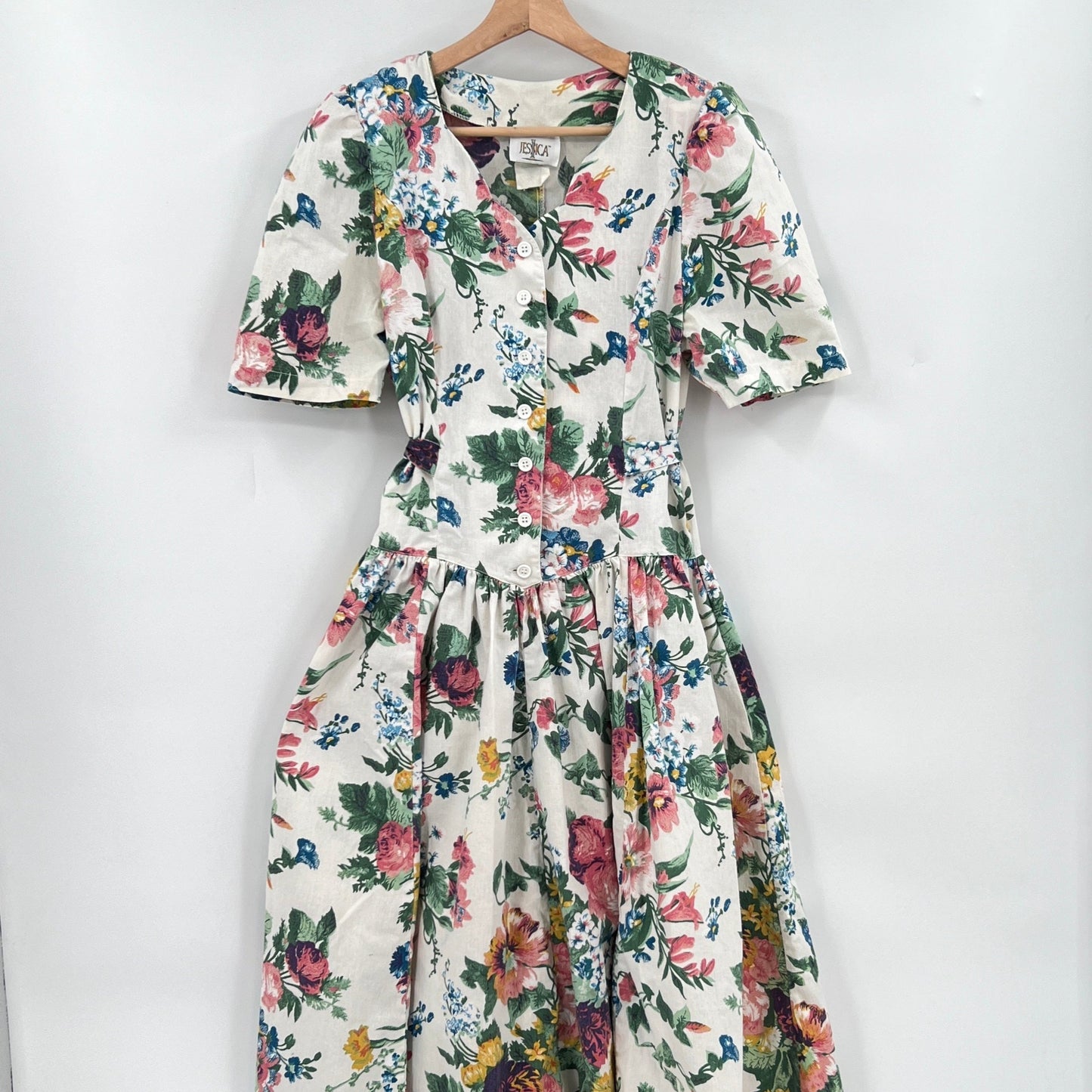 SOLD. Vintage Floral Belted Midi Dress M