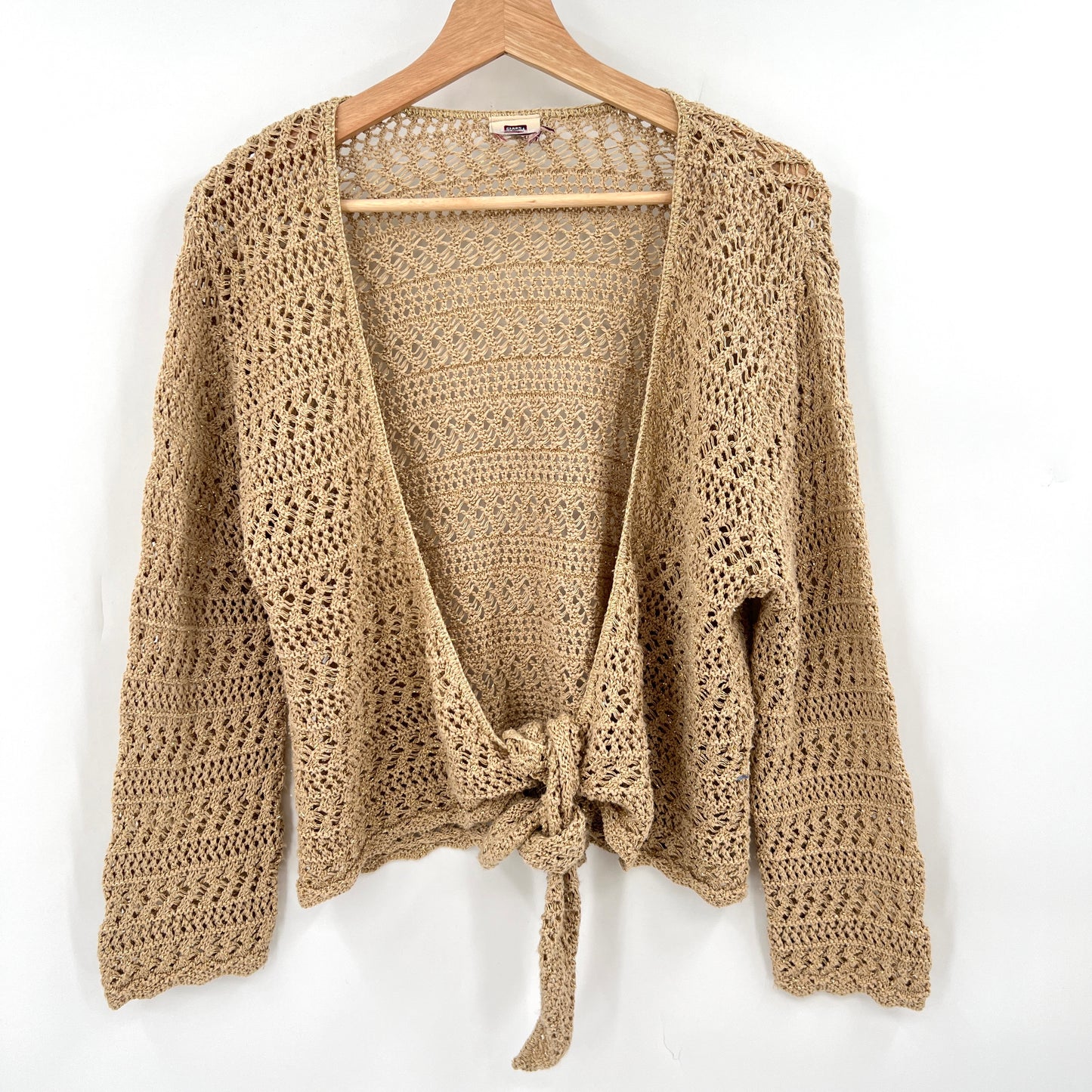 Retro Tie Front Crochet Metallic Gold Strings Cardigan L