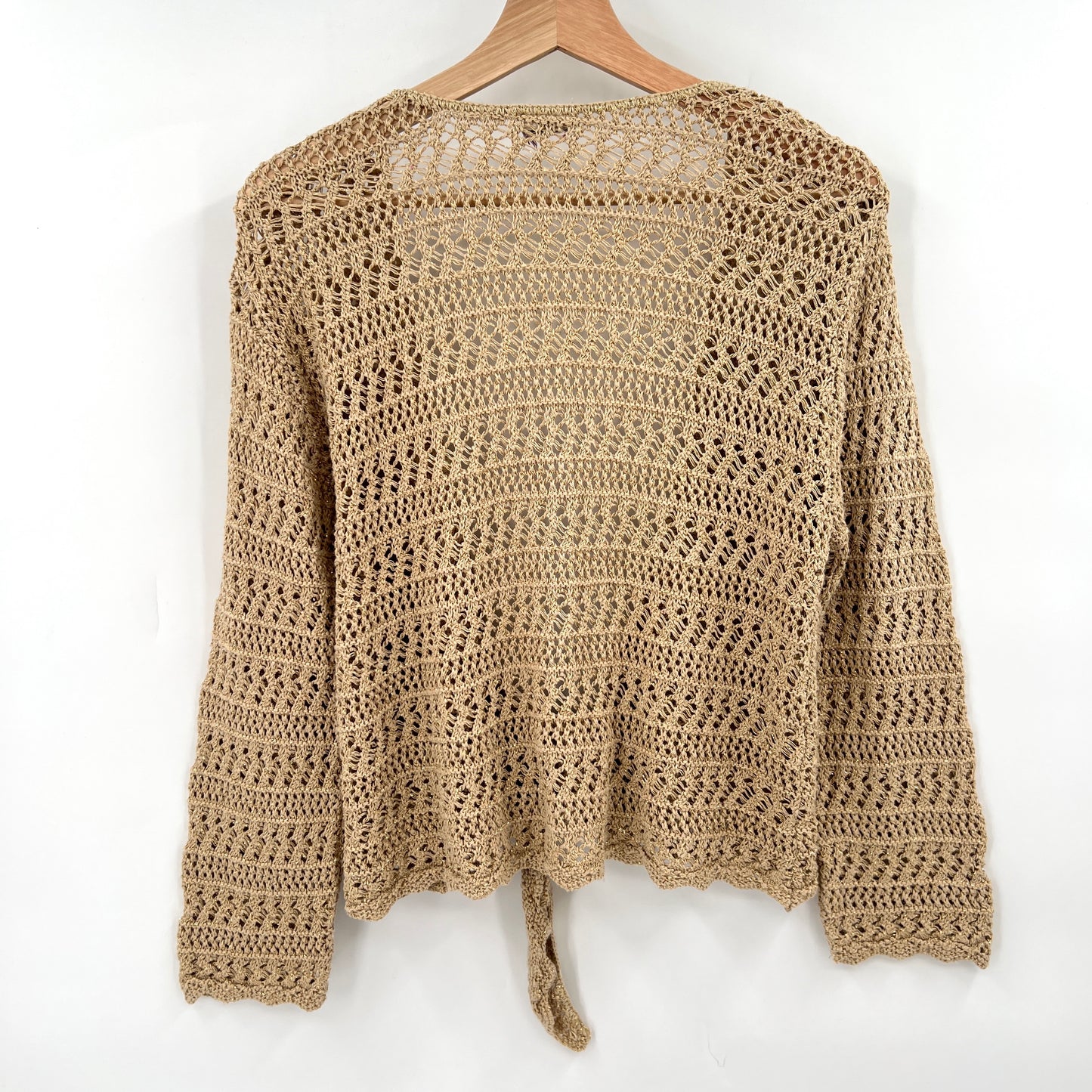 Retro Tie Front Crochet Metallic Gold Strings Cardigan L