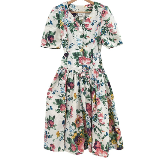 SOLD. Vintage Floral Belted Midi Dress M